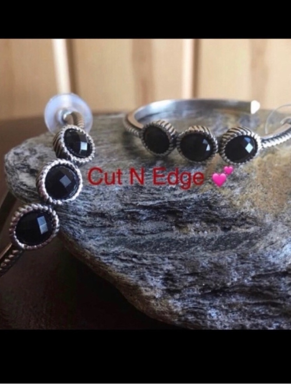 edge Silver Hoop Earrings with Black Faceted Accents